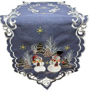 Christmas Table Runner Holiday Snowmen Blue 67" Long Embroidered